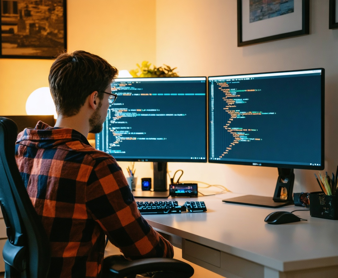 Ein angehender Entwickler arbeitet konzentriert an seinem Arbeitsplatz bei CodeBoosters